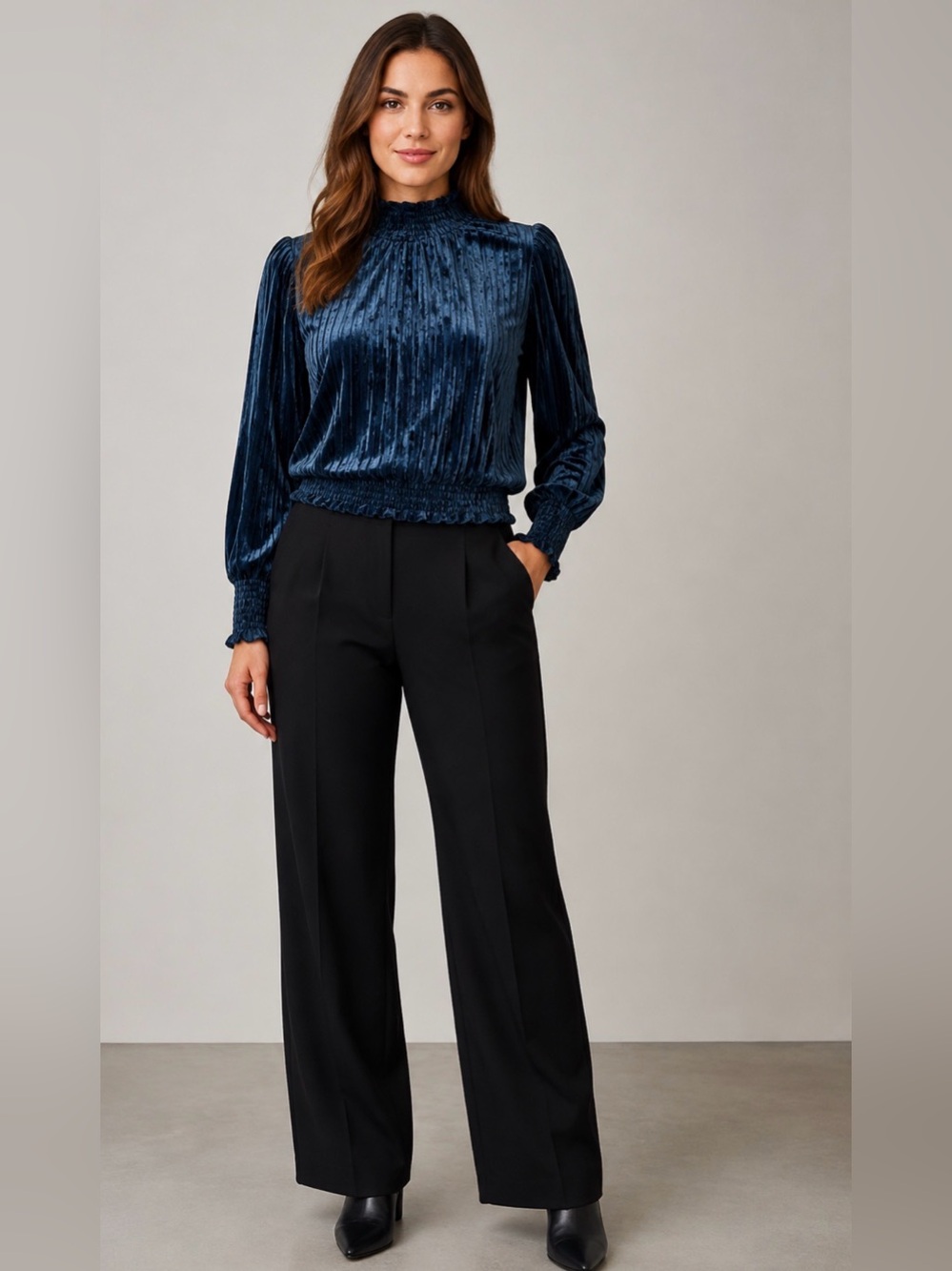 Joy Joy Navy Blue Velvet Blouse with Black Wide-Leg Pants size M